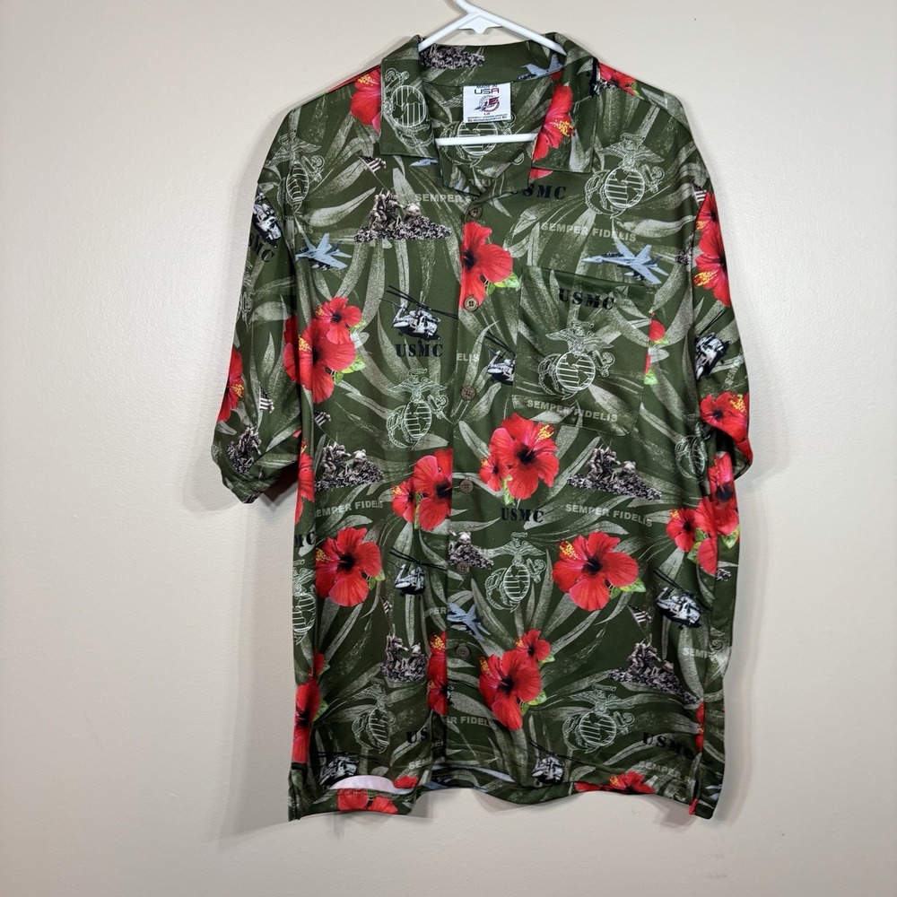 AE Sport Shirt Mens L US Marines Hawaiian Button Up Beach Adult